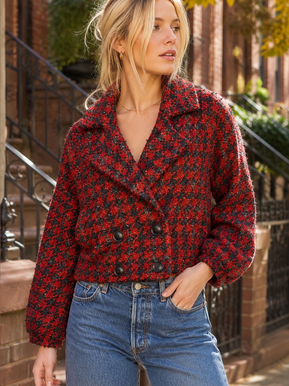 FREE PEOPLE Red and Black Houndstooth Plaid Boucle Cozy Jacket, XS